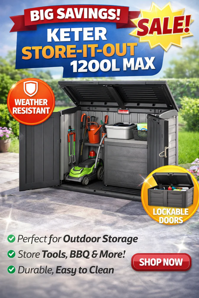 keter store it out max 1200l garden storage shed | weatherproof outdoor bin & bike store (5ft x 3ft)